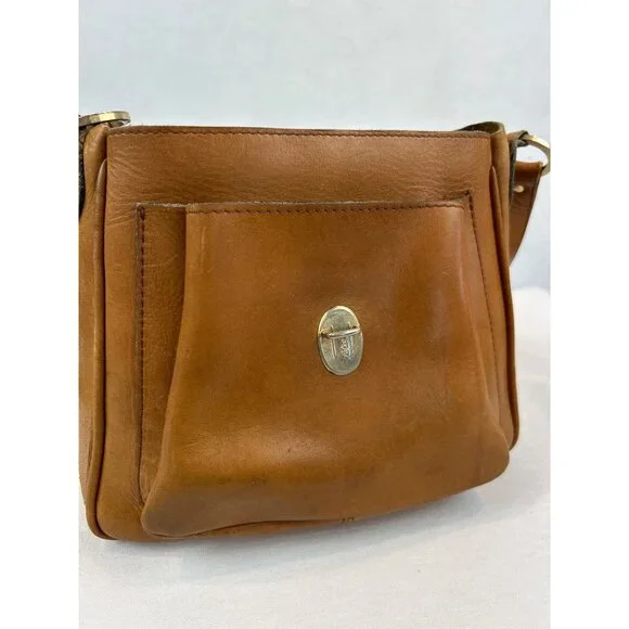 Vintage Tan Leather Crossbody Bag Gold Horseshoe Adjustable Strap - Picture 9 of 14